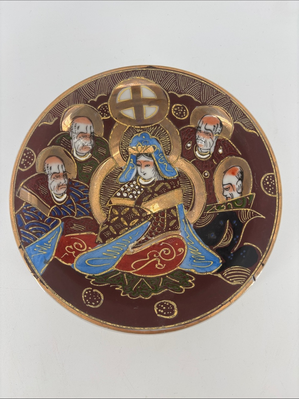Vintage Japanese hand painted moriage deity bowl